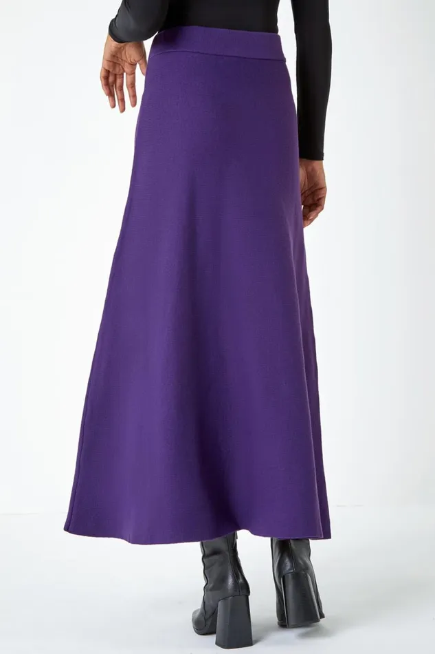 Women Purple Plain Elastic Waist Knitted A Line Midi Skirt Roman Skirts