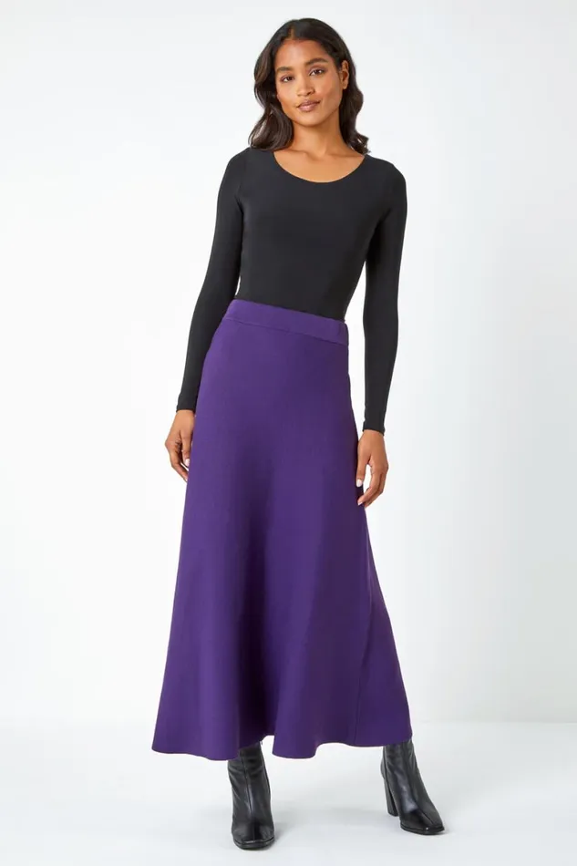 Women Purple Plain Elastic Waist Knitted A Line Midi Skirt Roman Skirts