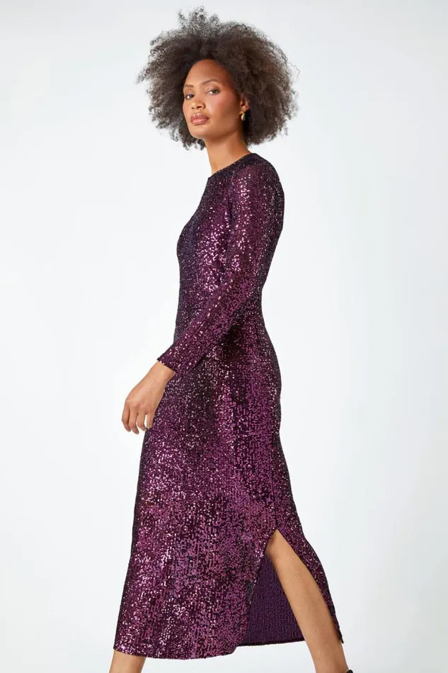Women Purple Sequin Embellished Midi Stretch Dress Roman Dresses