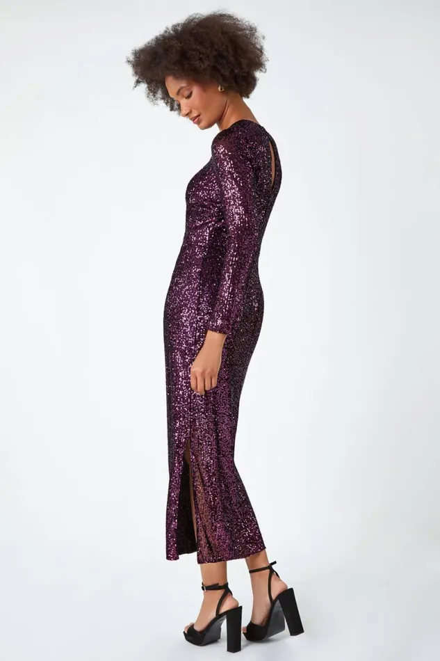 Women Purple Sequin Embellished Midi Stretch Dress Roman Dresses