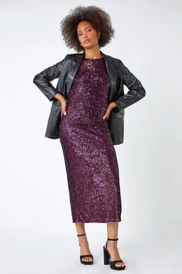 Women Purple Sequin Embellished Midi Stretch Dress Roman Dresses