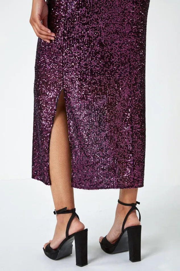 Women Purple Sequin Embellished Midi Stretch Dress Roman Dresses