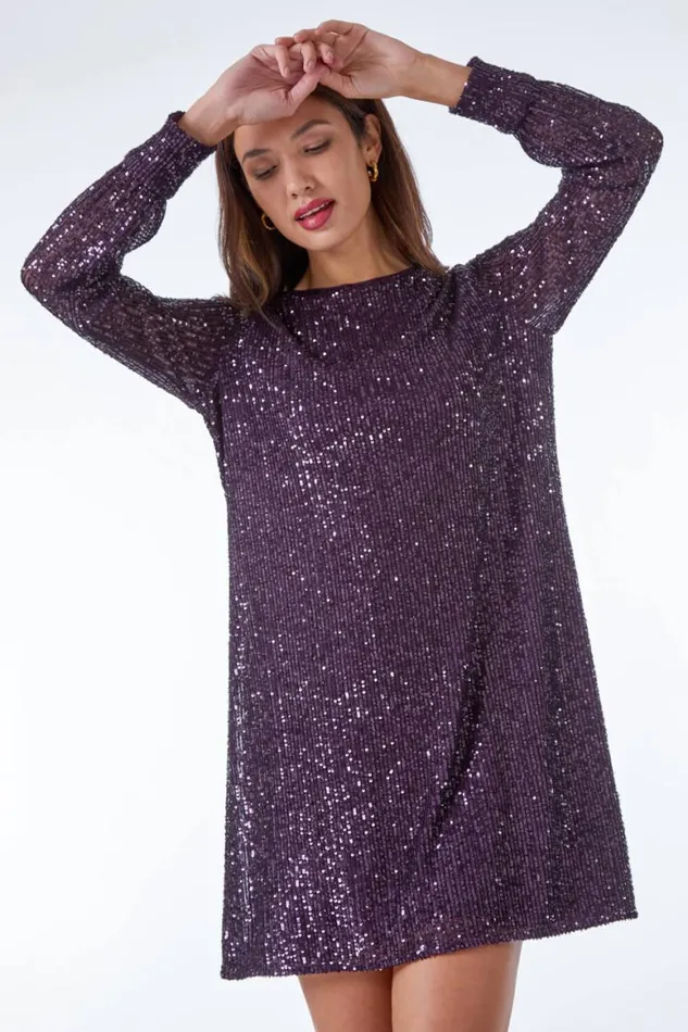 Women Purple Sequin Embellished Tunic Dress Roman Dresses