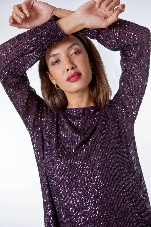 Women Purple Sequin Embellished Tunic Dress Roman Dresses