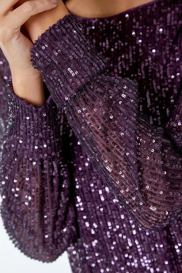 Women Purple Sequin Embellished Tunic Dress Roman Dresses