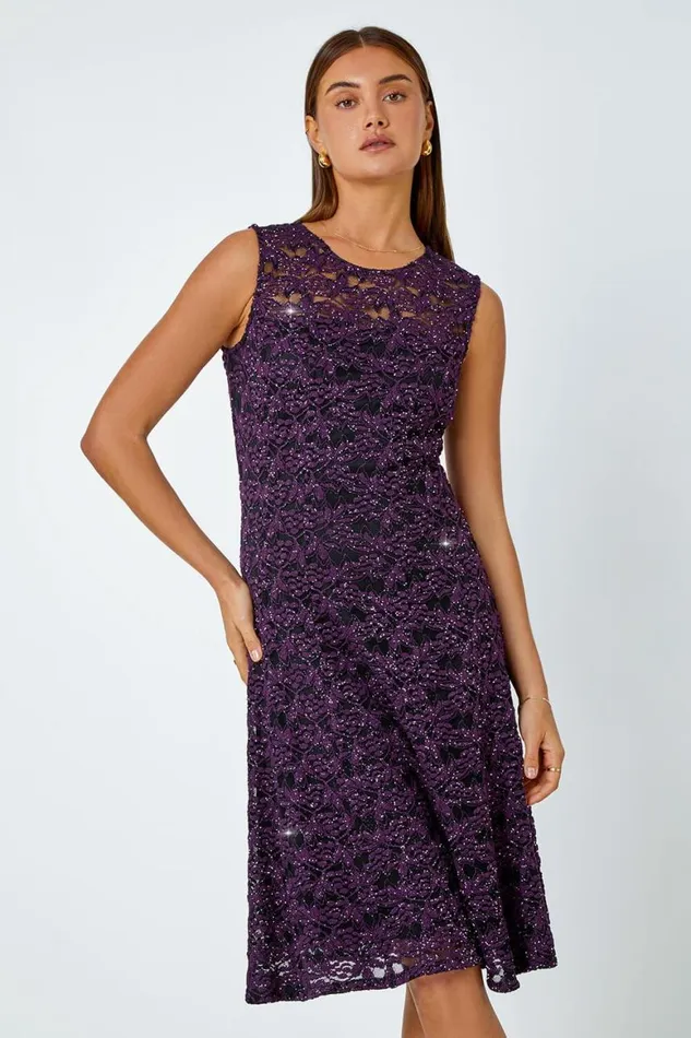 Women Purple Sleeveless Glitter Lace Stretch Dress Roman Dresses