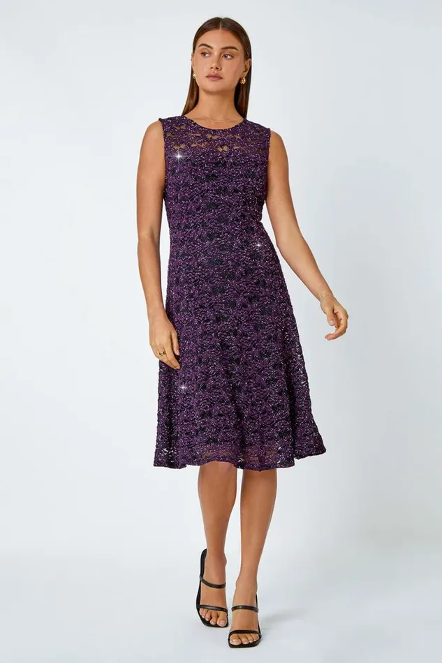 Women Purple Sleeveless Glitter Lace Stretch Dress Roman Dresses