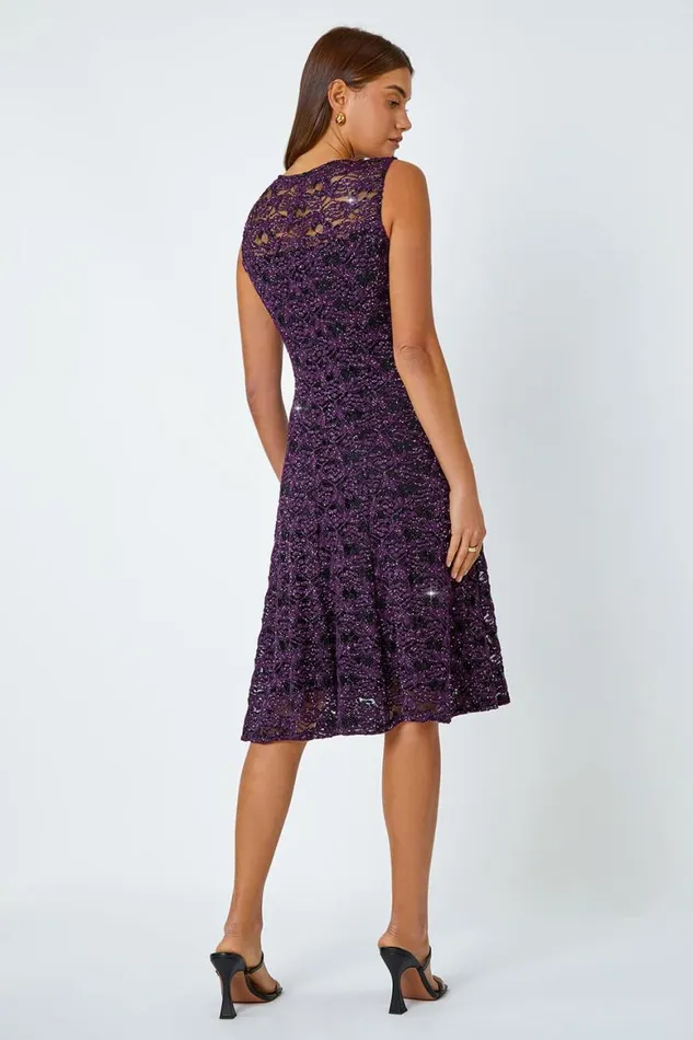 Women Purple Sleeveless Glitter Lace Stretch Dress Roman Dresses