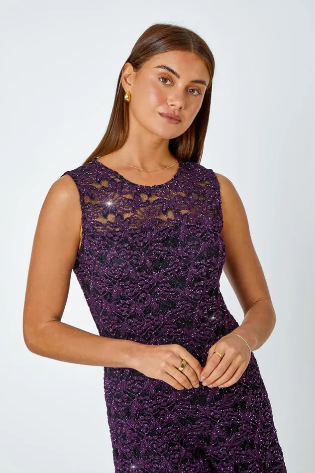 Women Purple Sleeveless Glitter Lace Stretch Dress Roman Dresses