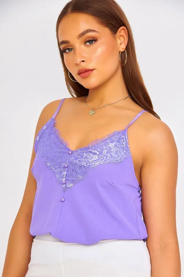 Women Purple Top With Lace Neckline Purple Brentiny Paris Top And Tank Tops