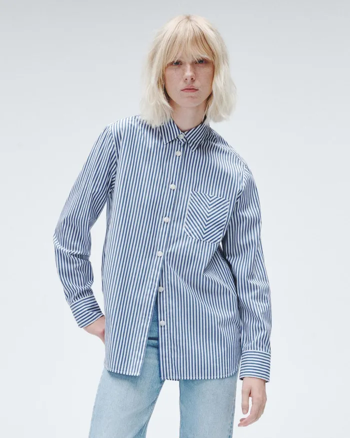 Women Rag and Bone Tops Maxine Cotton Poplin Stripe Shirt Blue Stripe