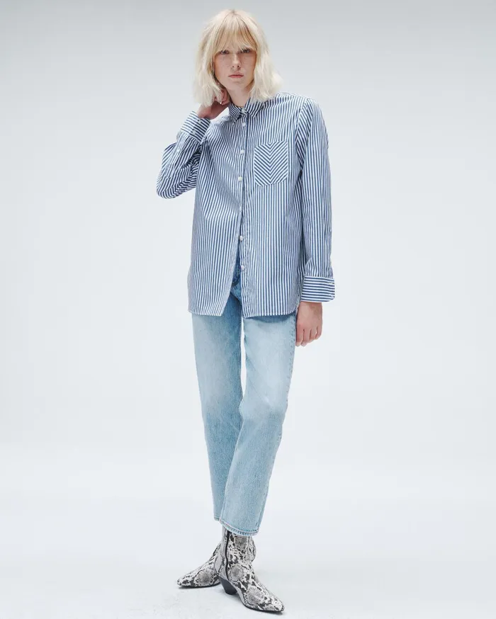 Women Rag and Bone Tops Maxine Cotton Poplin Stripe Shirt Blue Stripe