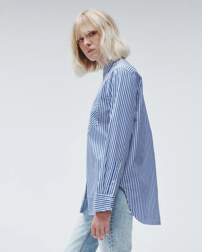 Women Rag and Bone Tops Maxine Cotton Poplin Stripe Shirt Blue Stripe