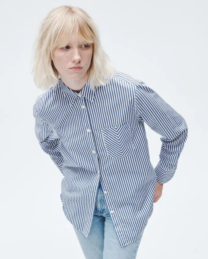 Women Rag and Bone Tops Maxine Cotton Poplin Stripe Shirt Blue Stripe