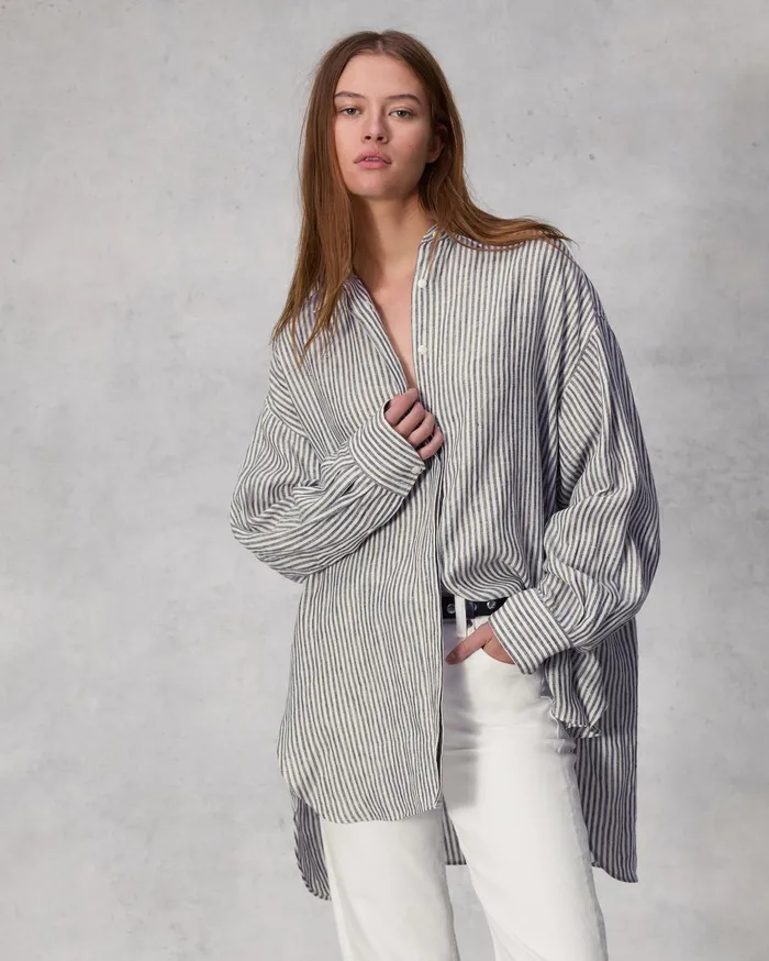 Women Rag and Bone Tops Ryan Striped Linen Shirt Beige Stripe