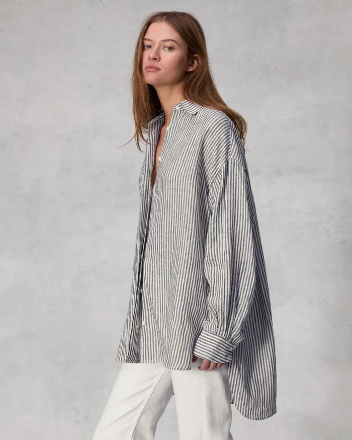 Women Rag and Bone Tops Ryan Striped Linen Shirt Beige Stripe Women Rag and Bone Tops Ryan Striped Linen Shirt Beige Stripe