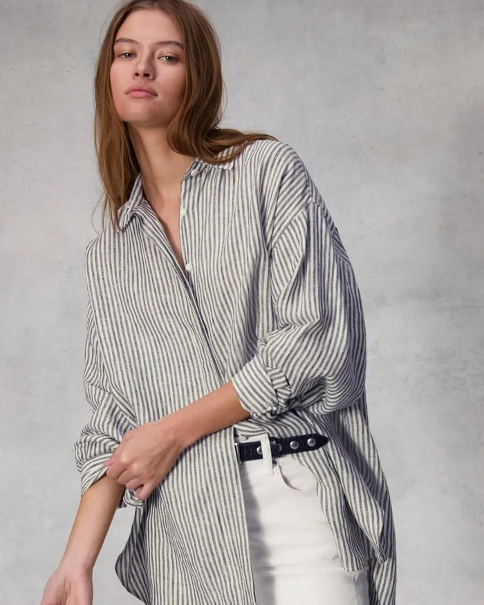 Women Rag and Bone Tops Ryan Striped Linen Shirt Beige Stripe Women Rag and Bone Tops Ryan Striped Linen Shirt Beige Stripe