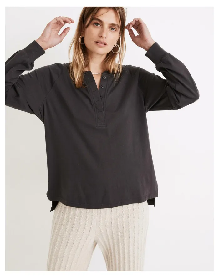 Women Resourced Cotton Henley Relaxed Tee Black Coal Madewell Tops and Shirts