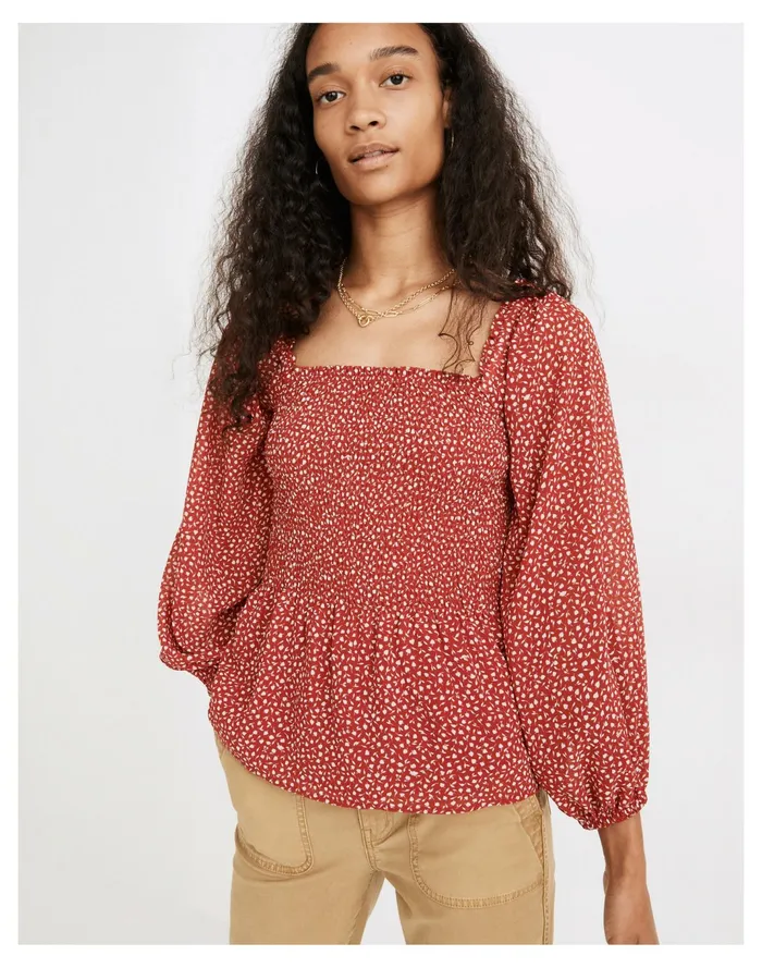 Women Resourced Georgette Lucie Smocked Peplum Top In Batik Vine Kilt Red Madewell Tops and Shirts
