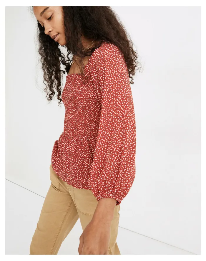 Women Resourced Georgette Lucie Smocked Peplum Top In Batik Vine Kilt Red Madewell Tops and Shirts Women Resourced Georgette Lucie Smocked Peplum Top In Batik Vine Kilt Red Madewell Tops and Shirts