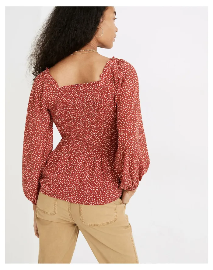 Women Resourced Georgette Lucie Smocked Peplum Top In Batik Vine Kilt Red Madewell Tops and Shirts Women Resourced Georgette Lucie Smocked Peplum Top In Batik Vine Kilt Red Madewell Tops and Shirts