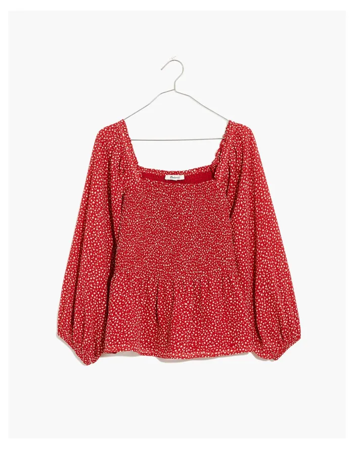 Women Resourced Georgette Lucie Smocked Peplum Top In Batik Vine Kilt Red Madewell Tops and Shirts Women Resourced Georgette Lucie Smocked Peplum Top In Batik Vine Kilt Red Madewell Tops and Shirts