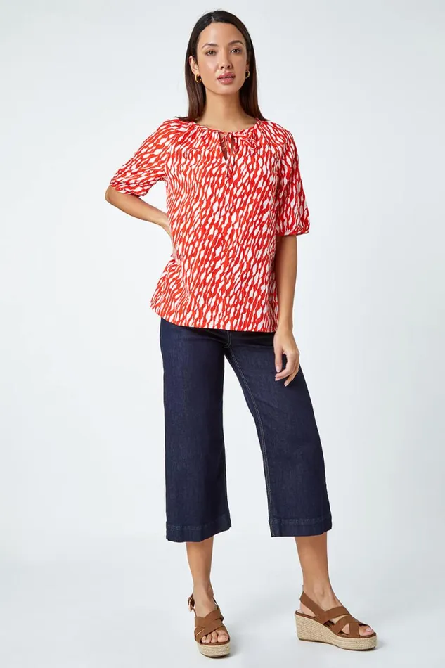 Women Red Abstract Print Tie Front VNeck Stretch Top Roman Tops