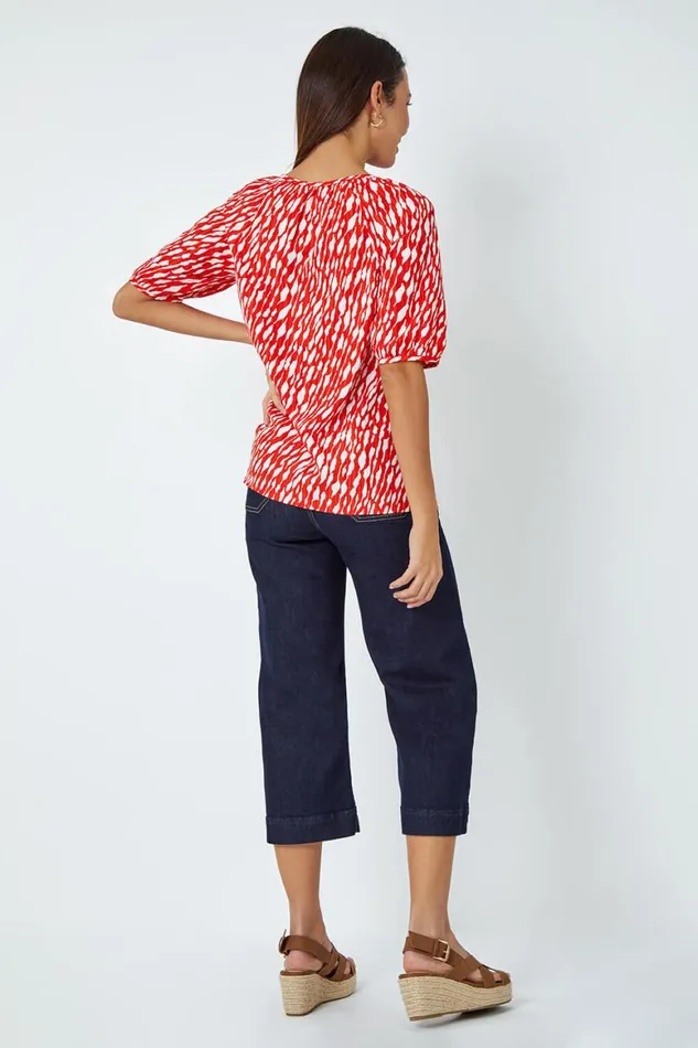Women Red Abstract Print Tie Front VNeck Stretch Top Roman Tops