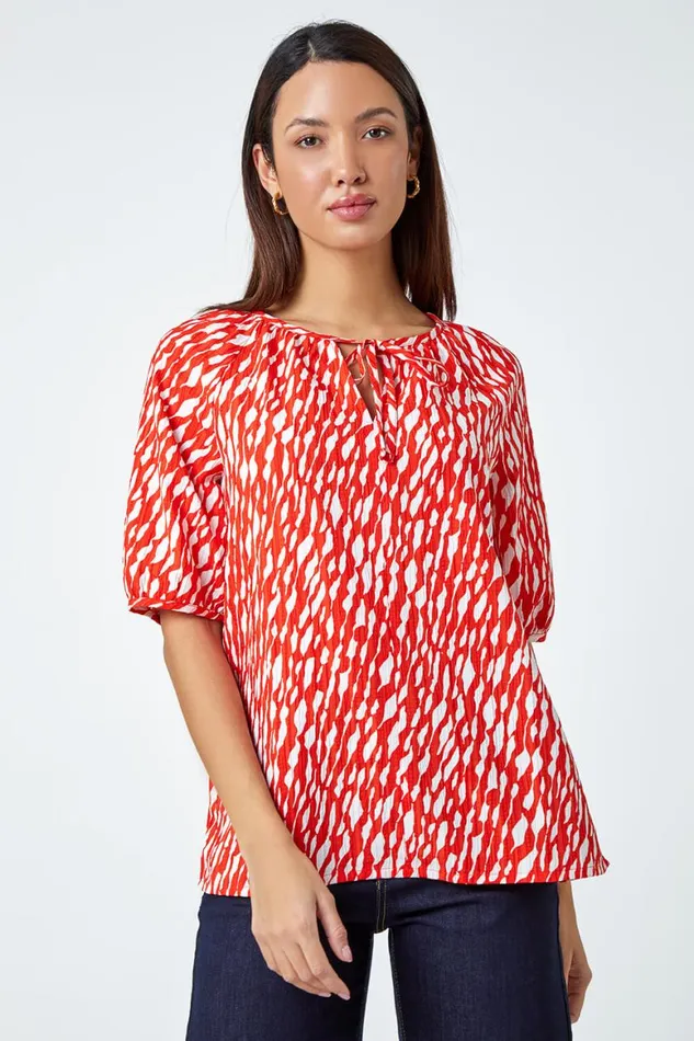 Women Red Abstract Print Tie Front VNeck Stretch Top Roman Tops