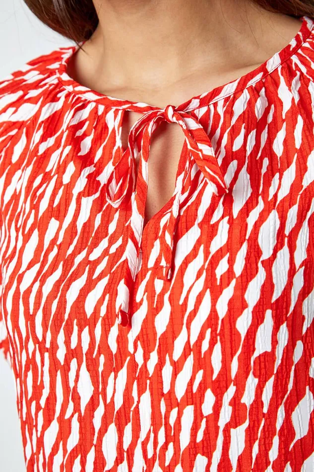 Women Red Abstract Print Tie Front VNeck Stretch Top Roman Tops