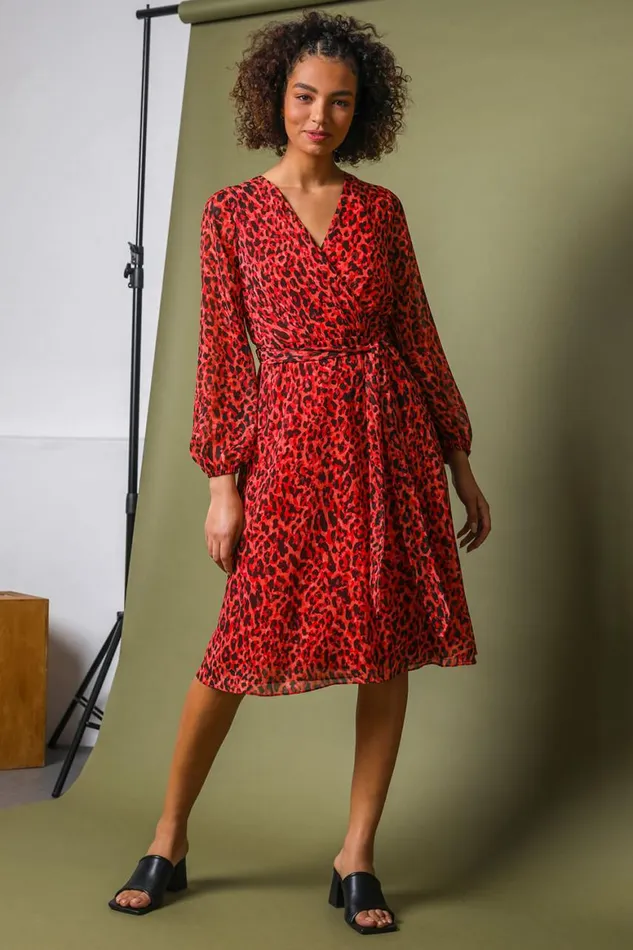 Women Red Animal Print Belted Chiffon Wrap Dress Roman Dresses