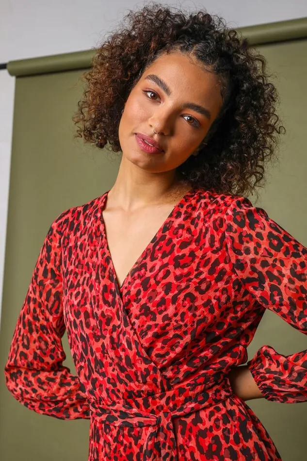 Women Red Animal Print Belted Chiffon Wrap Dress Roman Dresses