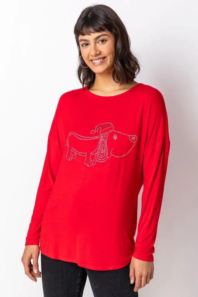 Women Red Christmas Dog Motif Jersey Top Roman Tops