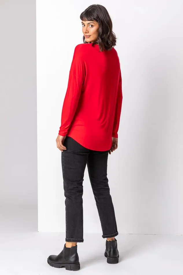 Women Red Christmas Dog Motif Jersey Top Roman Tops