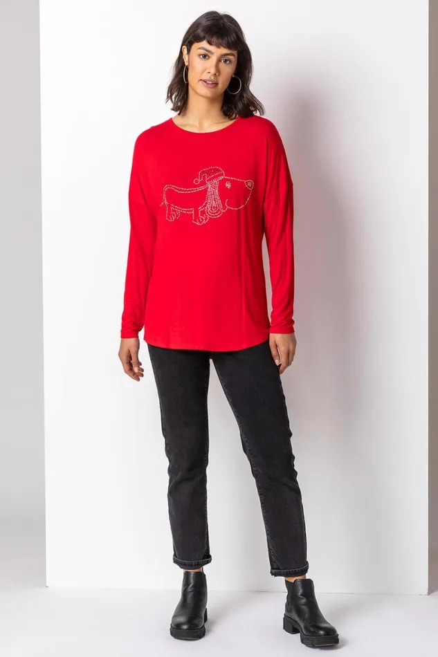 Women Red Christmas Dog Motif Jersey Top Roman Tops