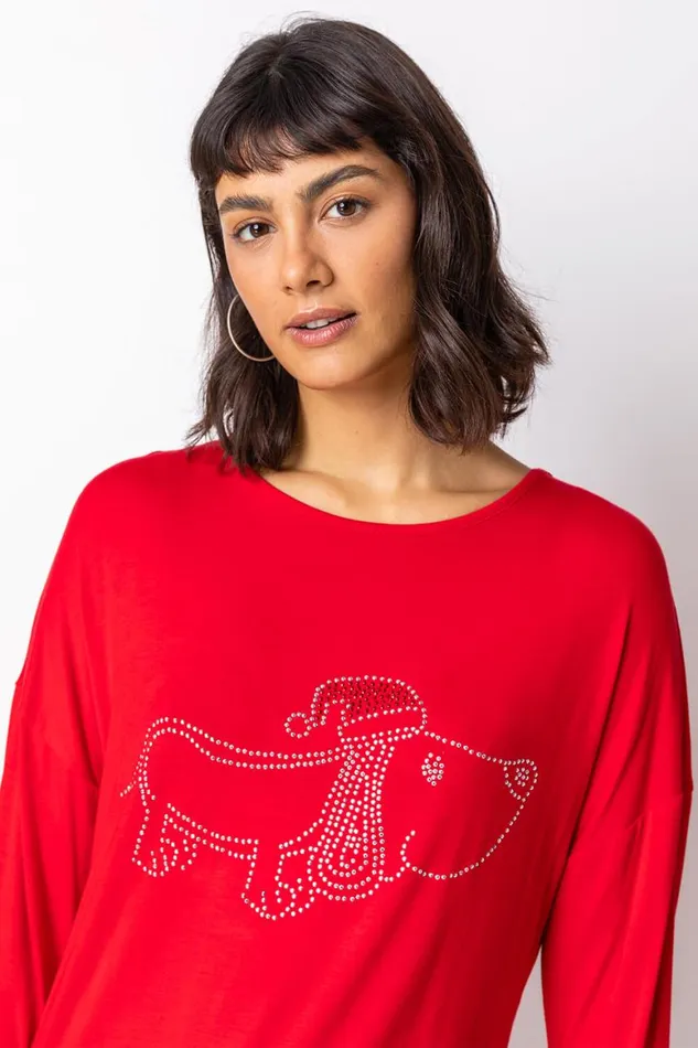 Women Red Christmas Dog Motif Jersey Top Roman Tops
