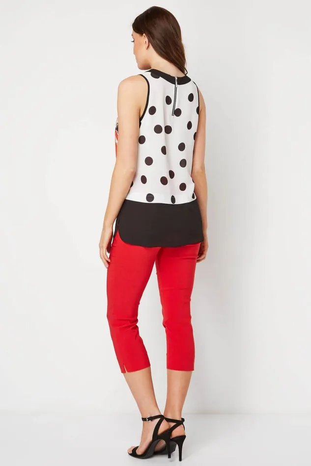 Women Red Contrast Layer Spot Floral Top Roman Tops