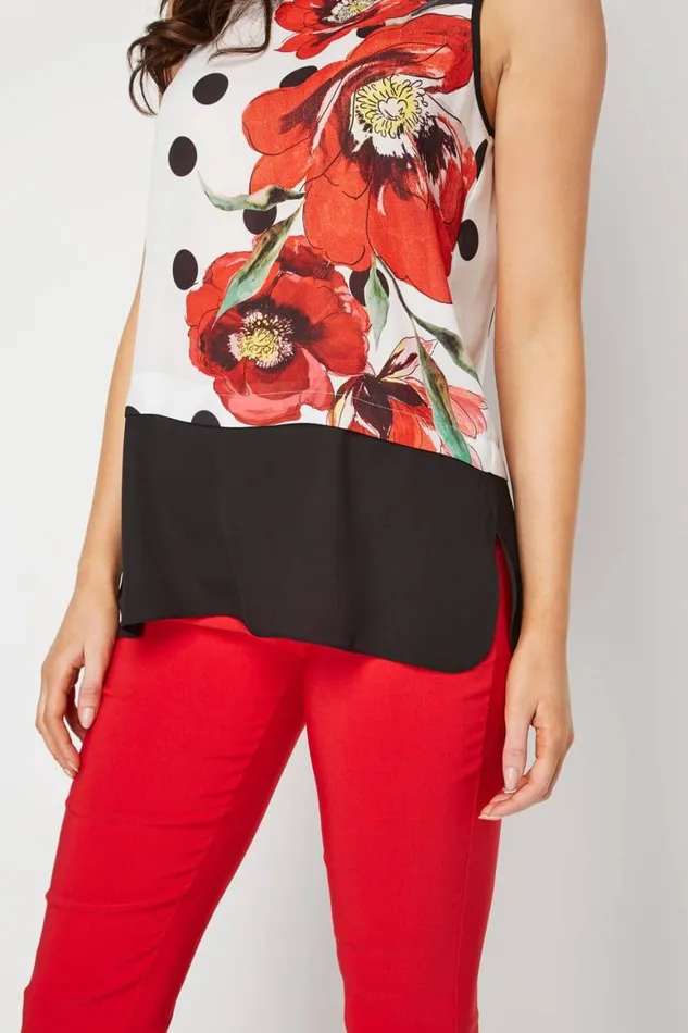 Women Red Contrast Layer Spot Floral Top Roman Tops