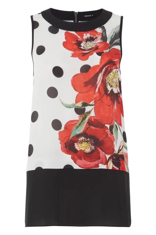 Women Red Contrast Layer Spot Floral Top Roman Tops