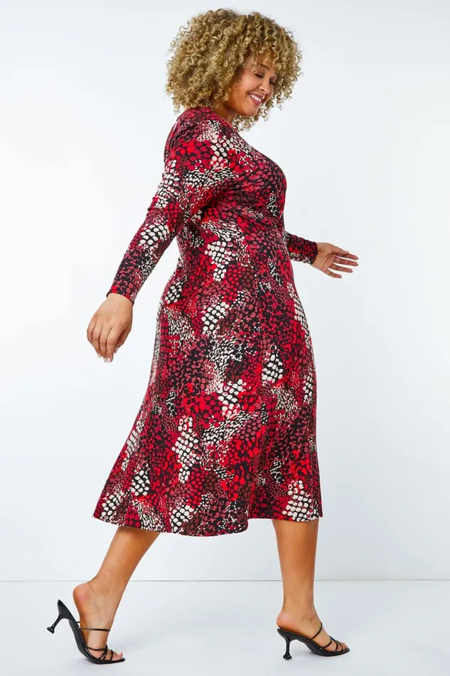 Women Red Curve Abstract Print Stretch Dress Roman Dresses