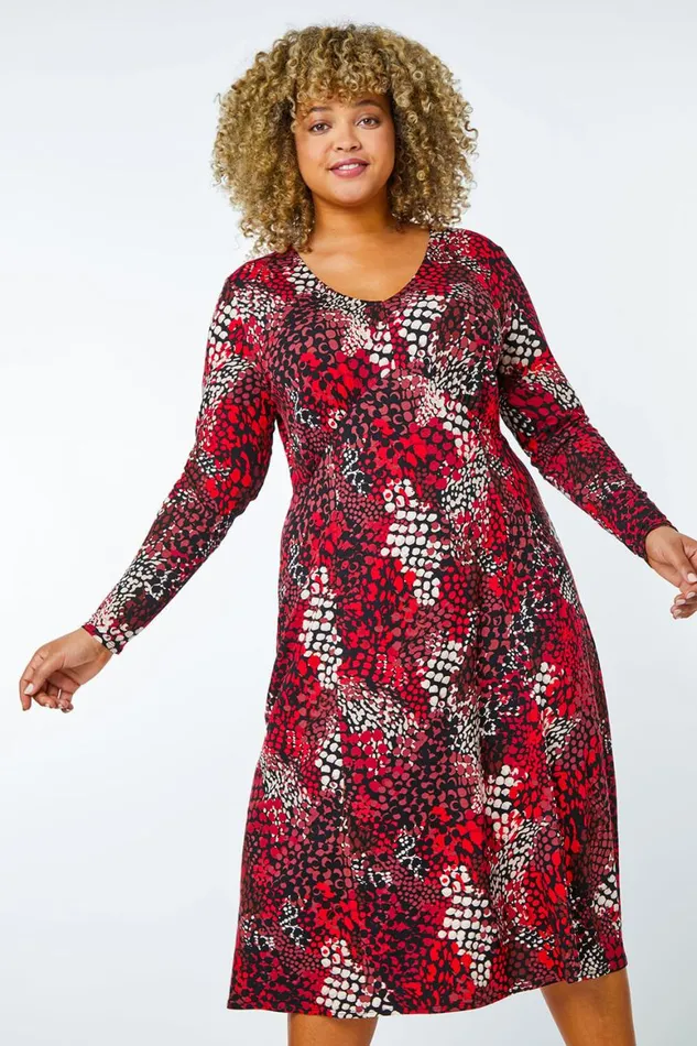 Women Red Curve Abstract Print Stretch Dress Roman Dresses