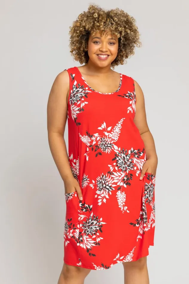Women Red Curve Floral Print Swing Dress Roman Dresses