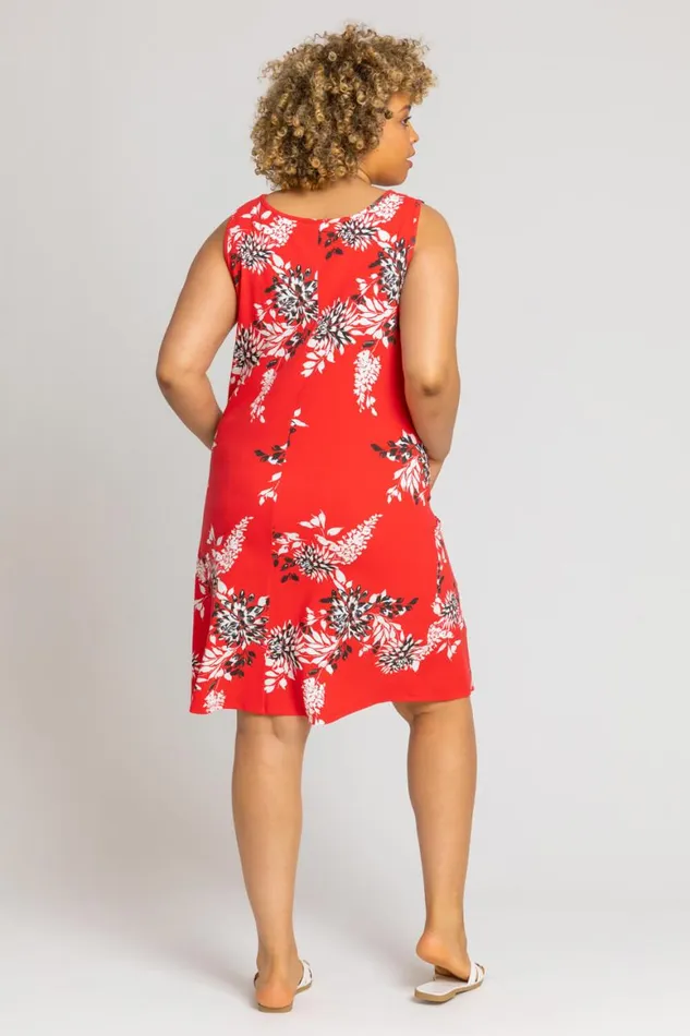 Women Red Curve Floral Print Swing Dress Roman Dresses