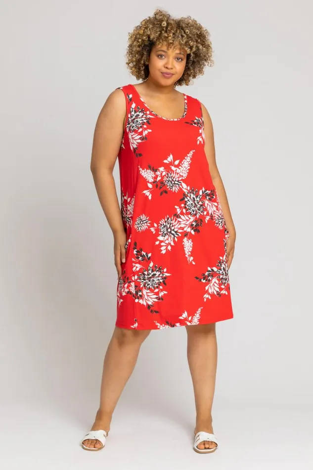 Women Red Curve Floral Print Swing Dress Roman Dresses