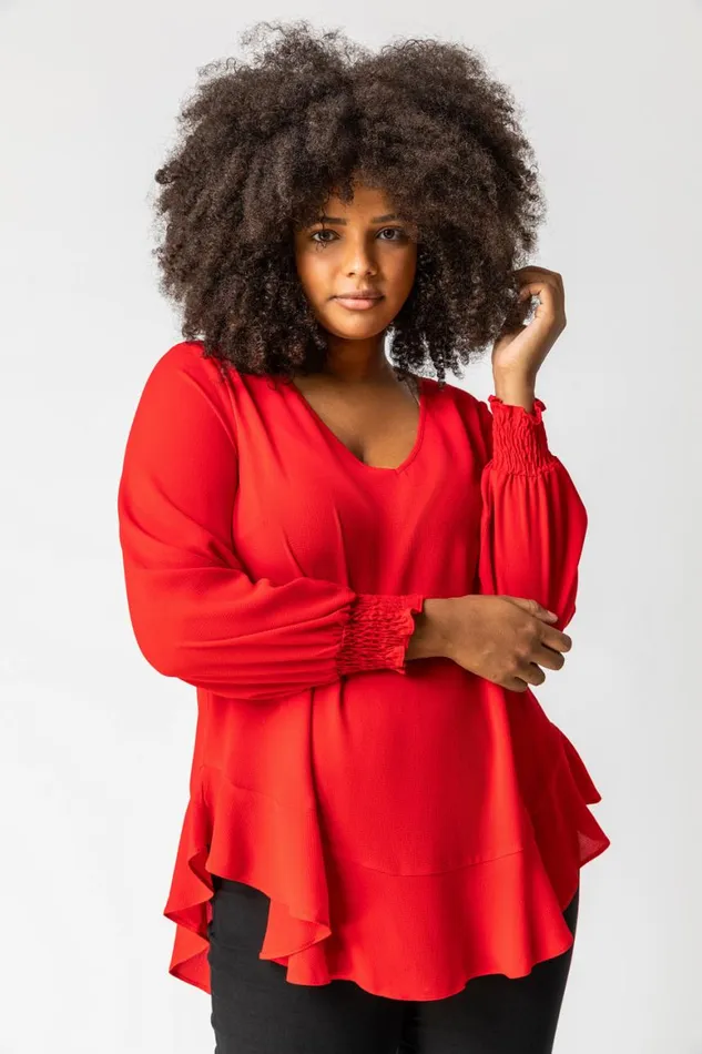 Women Red Curve Frill Hem Shirred Long Sleeve Chiffon Top Roman Tops