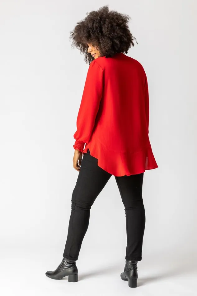 Women Red Curve Frill Hem Shirred Long Sleeve Chiffon Top Roman Tops