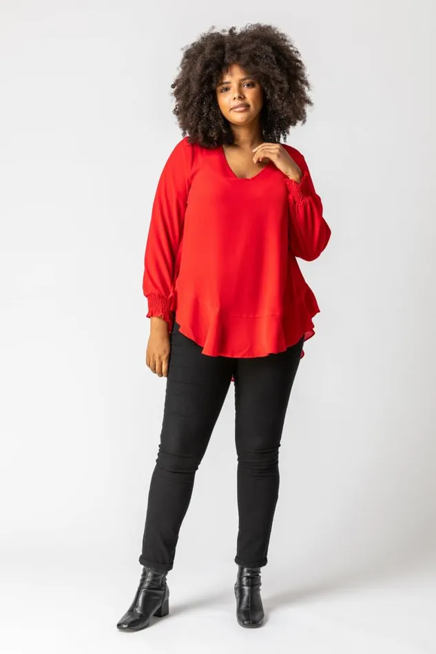 Women Red Curve Frill Hem Shirred Long Sleeve Chiffon Top Roman Tops