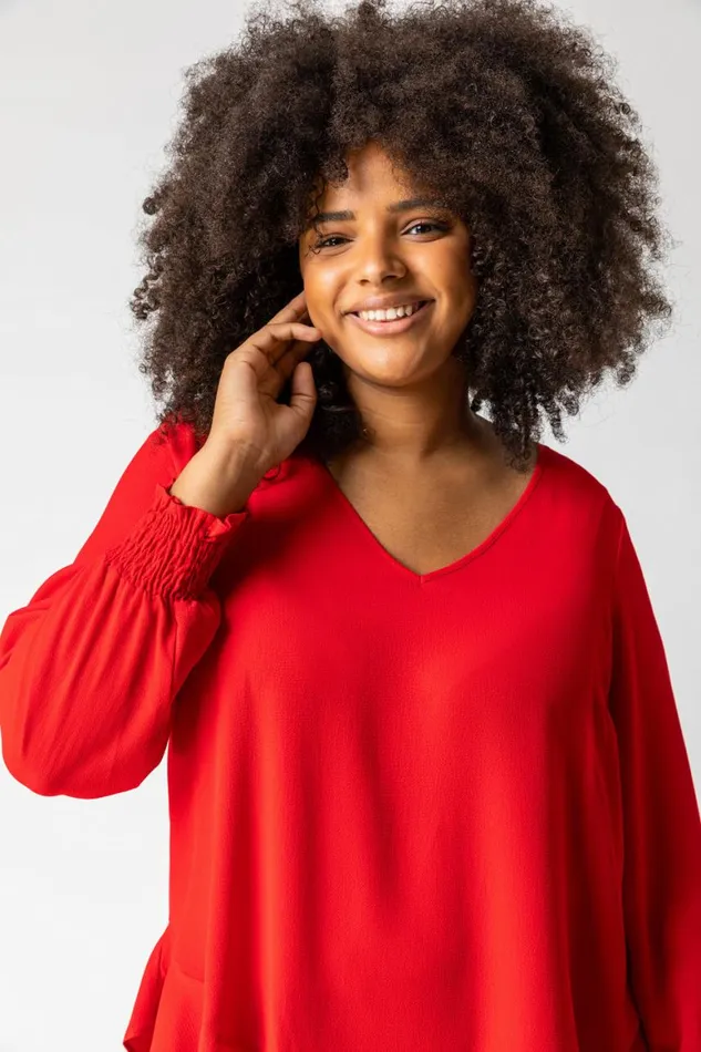 Women Red Curve Frill Hem Shirred Long Sleeve Chiffon Top Roman Tops