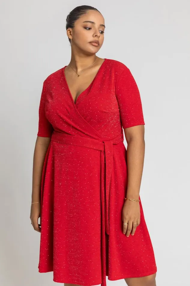 Women Red Curve Shimmer Wrap Dress Roman Dresses