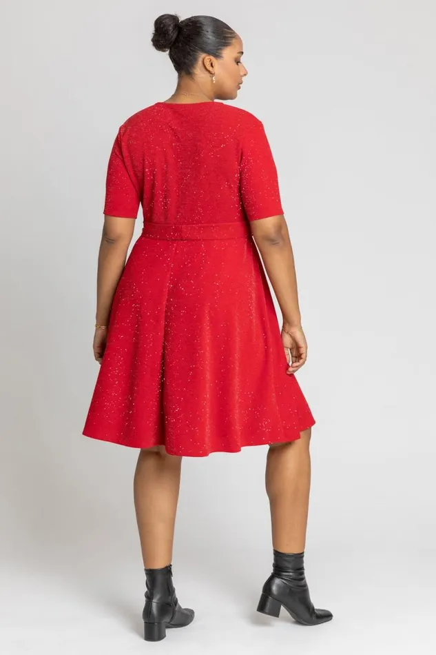 Women Red Curve Shimmer Wrap Dress Roman Dresses